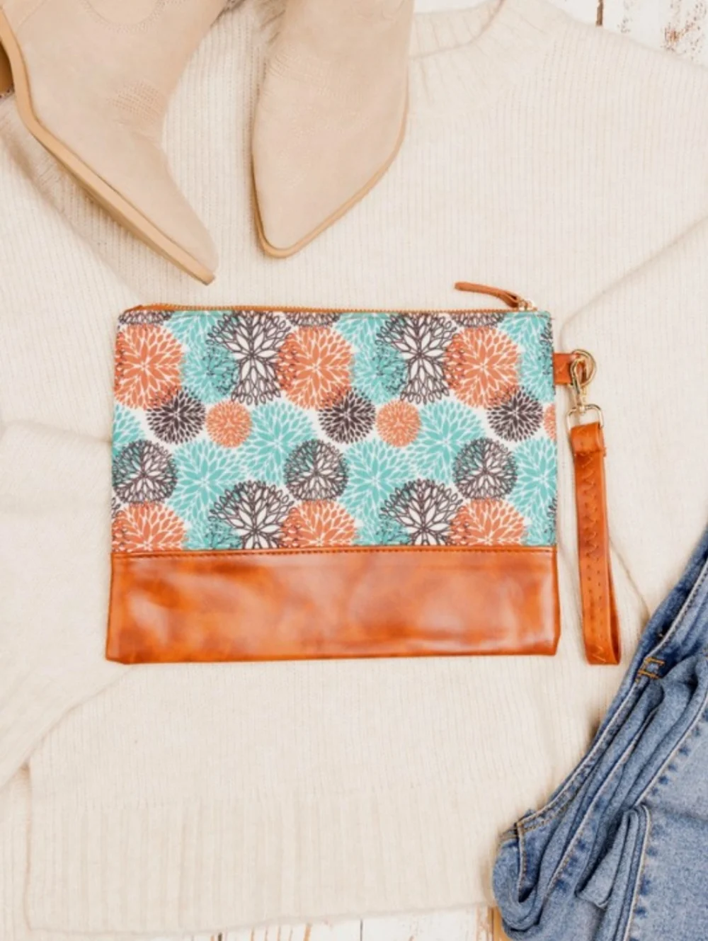 Boho Floral Clutch Wristlet | Teal Rust Starburst Print | Vegan Leather Pouch